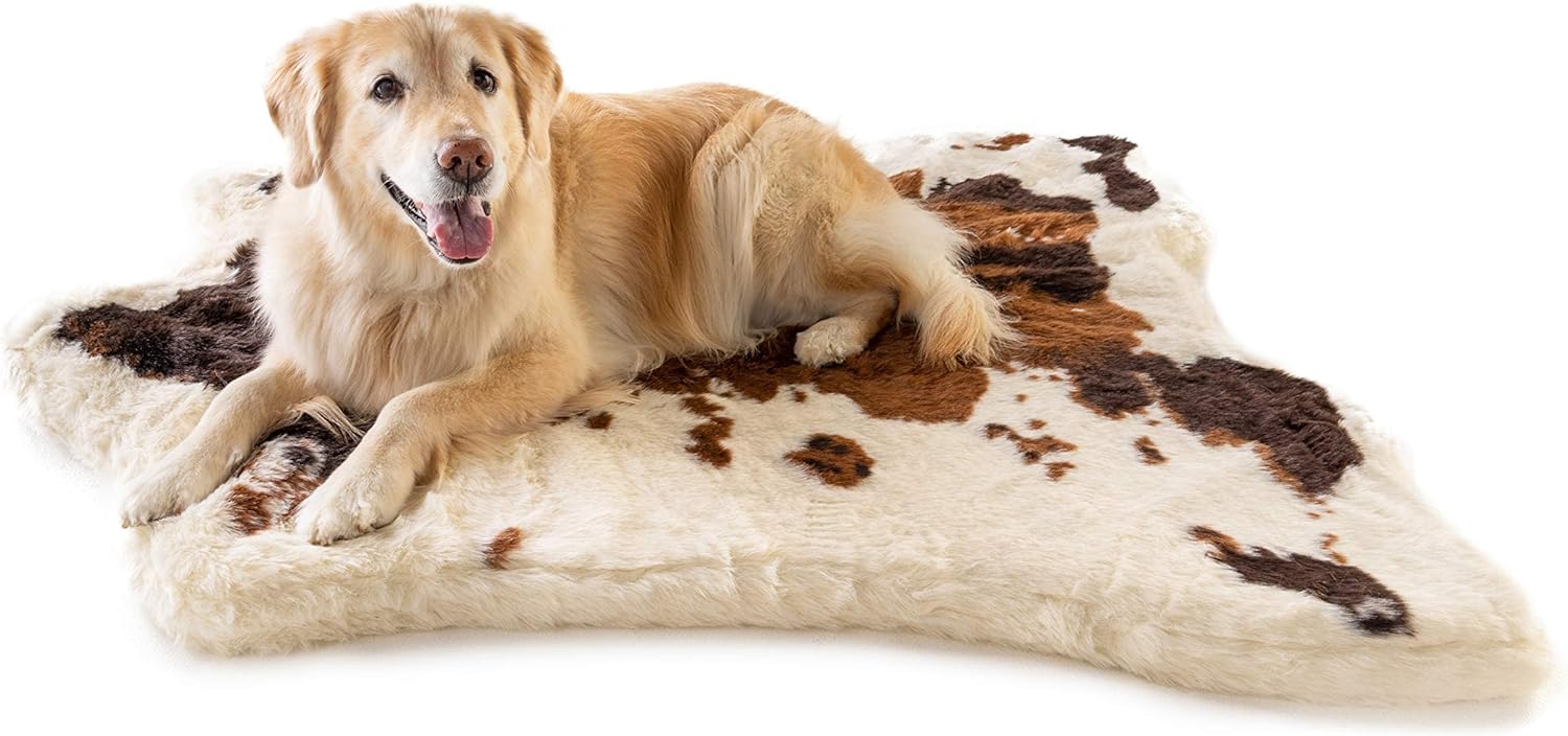 PAW BRANDS Puprug Faux Cowhide Memory Foam Orthopedic Dog Bed, Premium Memory Foam Base With Ultra-Soft Faux Fur Cover, Water-Resistant Liner, Easy To Clean (Brown And White)